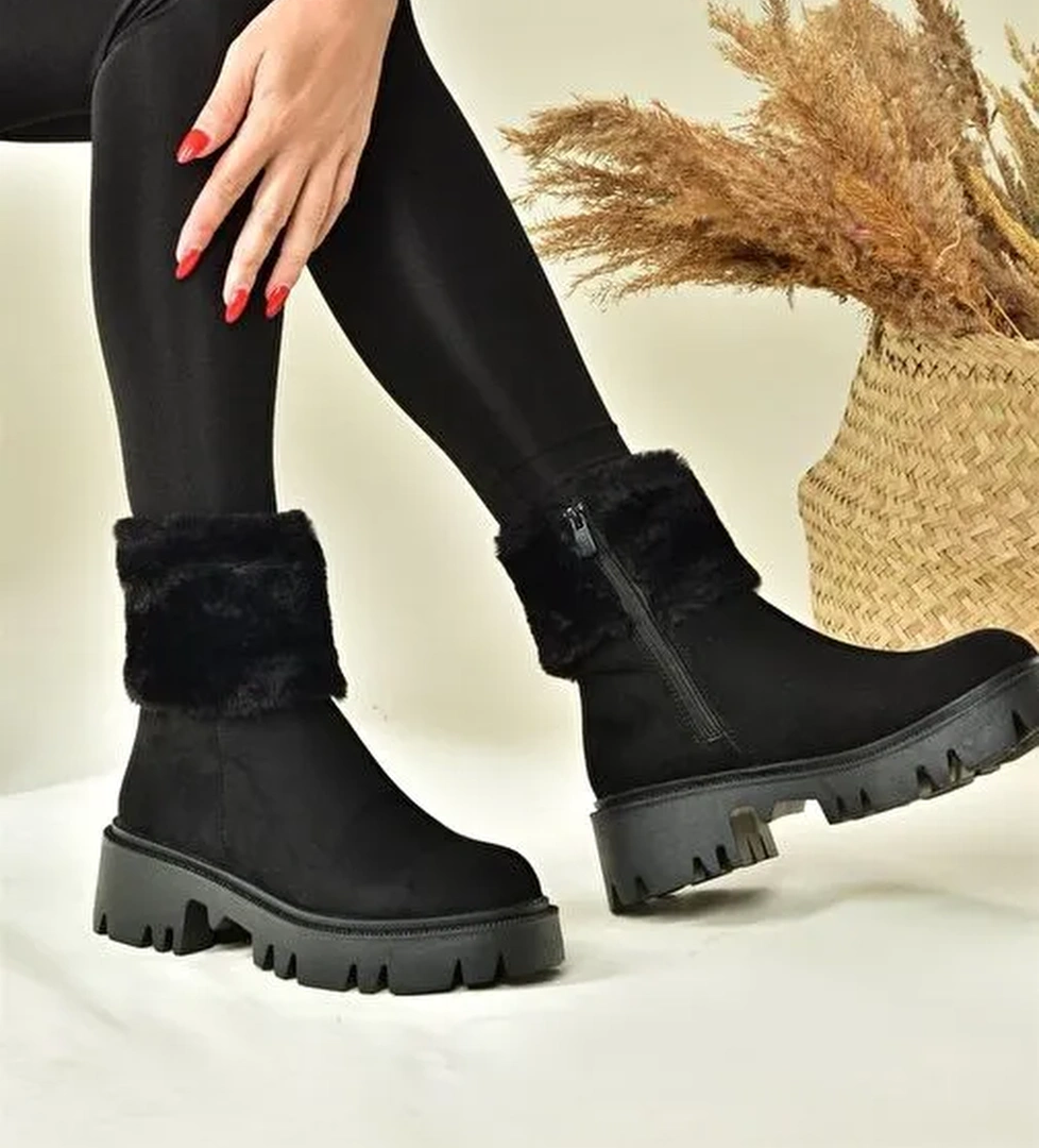 Siyah Süet Kalın Taban Kadın Kürklü Bot N820203002 - Görsel 1