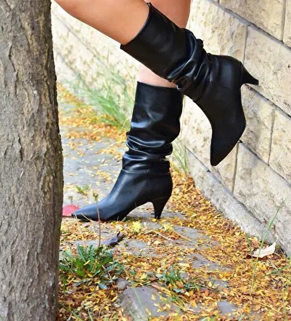 Siyah Kısa Topuklu Büzgülü Kadın Bot L404810609 - Görsel 1