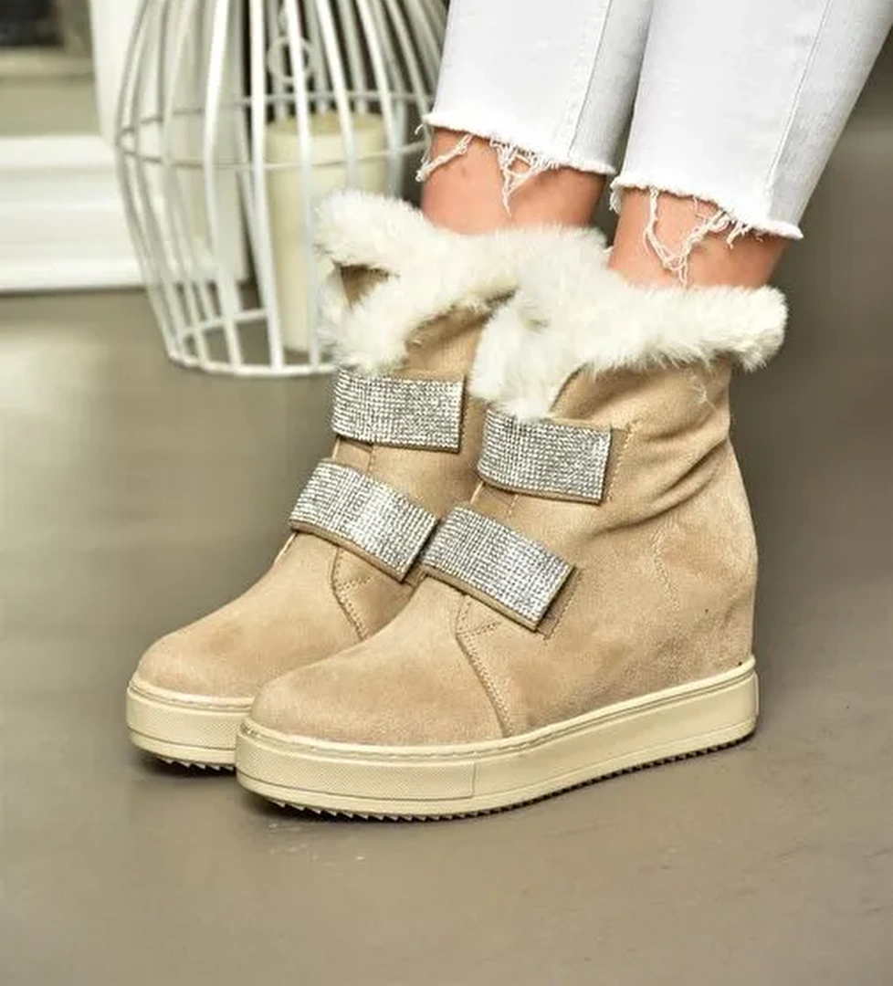 R602891602 Bej Süet Dolgu Topuklu Kadın Bot - Görsel 1