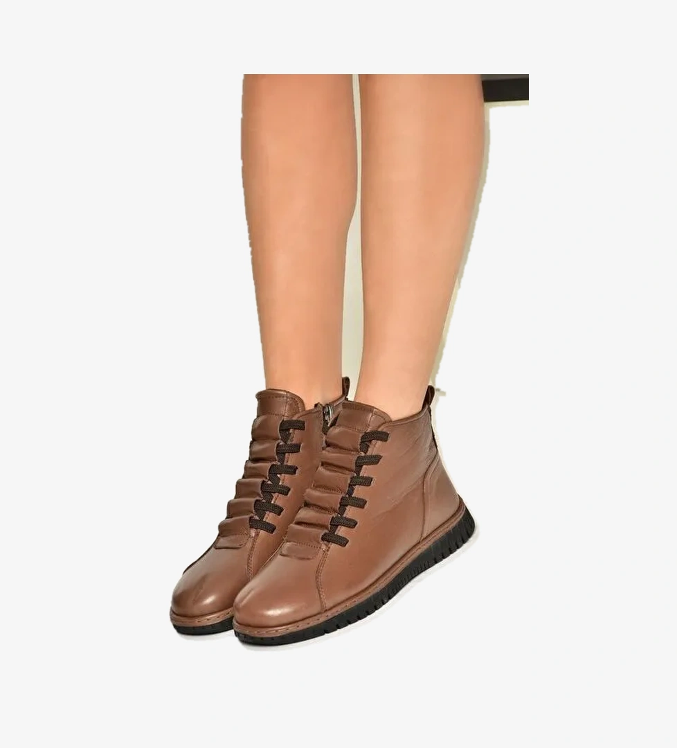 T555366203 Kahverengi Hakiki Deri Comfort Ortopedik Taban Kadın Bot - Görsel 1