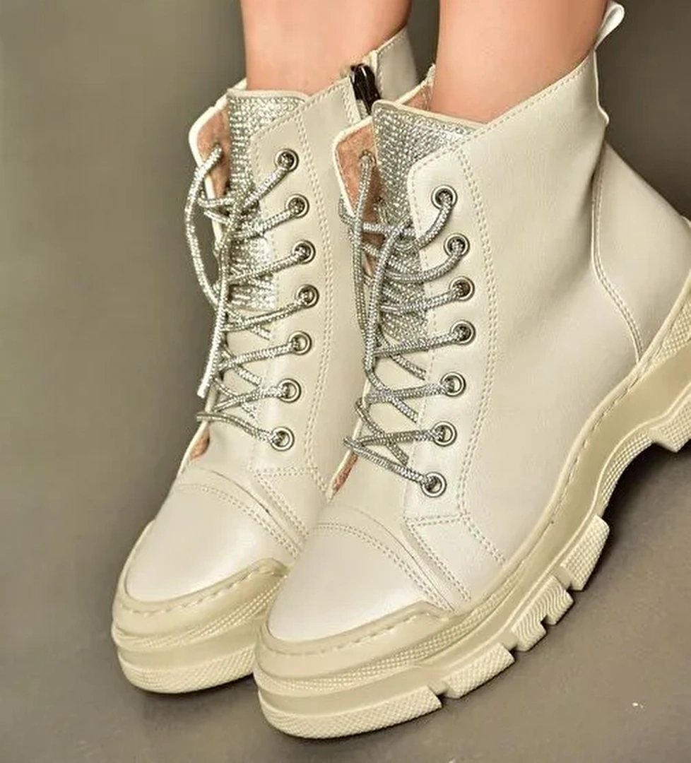 R602889909 Bej Taş Detaylı Kadın Bot - Görsel 1