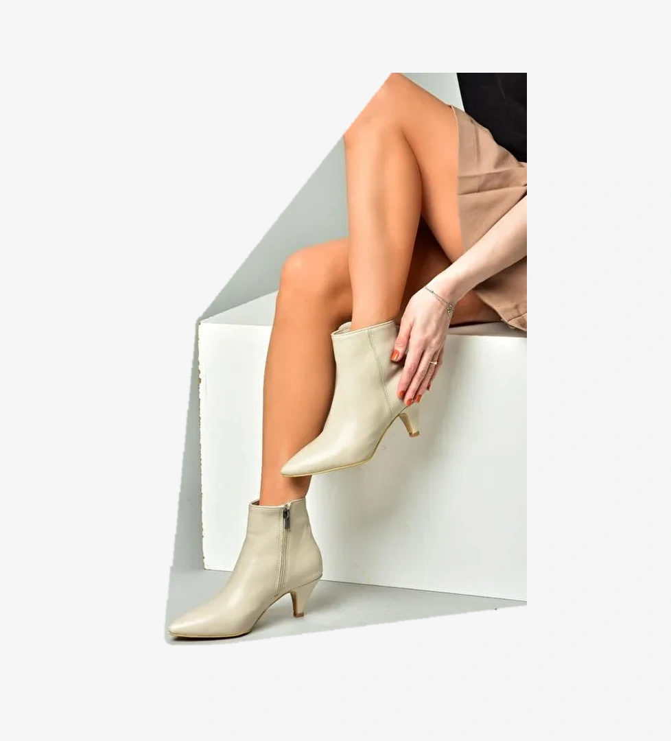 R404710009 Bej Alçak Topuklu Kadın Bot - Görsel 1