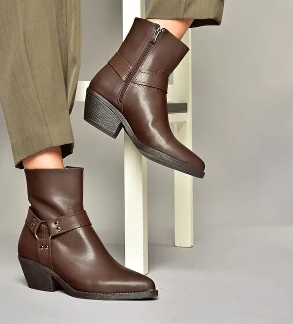 T404400609 Kahverengi Kalın Topuklu Kadın Bot - Görsel 1