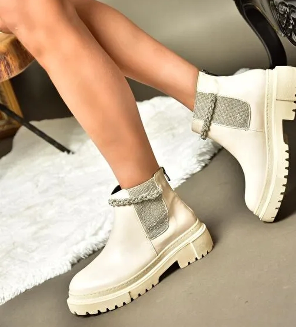 R726418209 Bej Taşlı Kalın Tabanlı Kadın Bot - Görsel 1