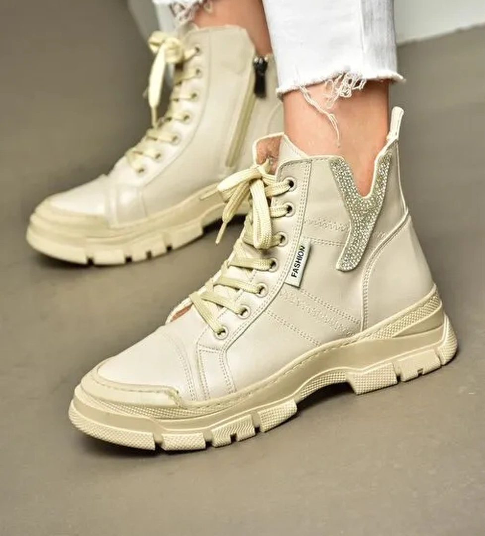 R602085209 Bej Taş Detaylı Kadın Bot - Görsel 1