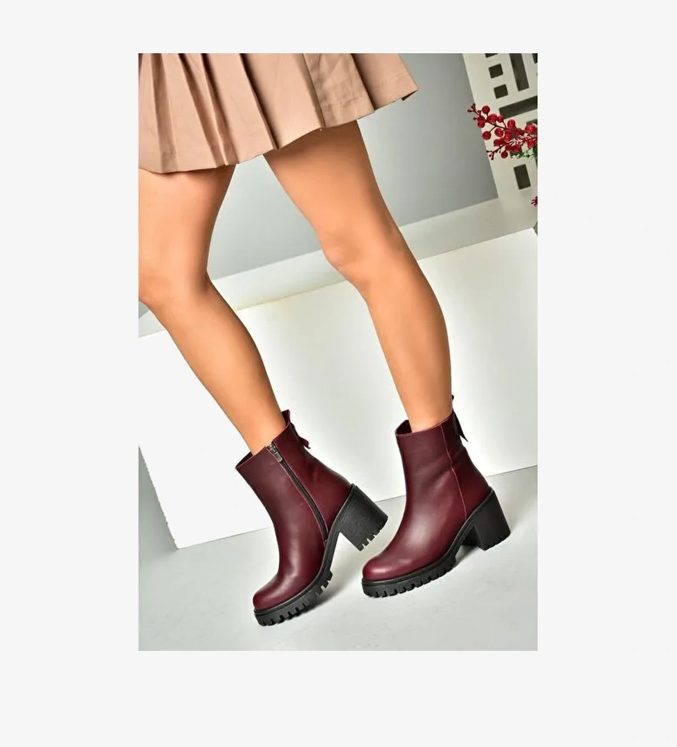 R654006503 Bordo Hakiki Deri Kalın Topuklu Kadın Bot - Görsel 1