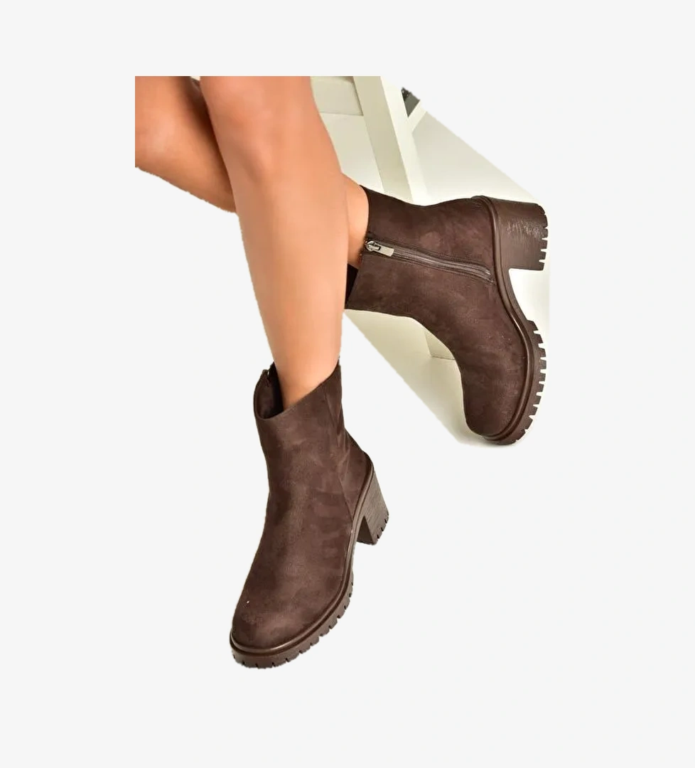 T726911102 Kahverengi Süet Kalın Topuklu Kadın Bot - Görsel 1