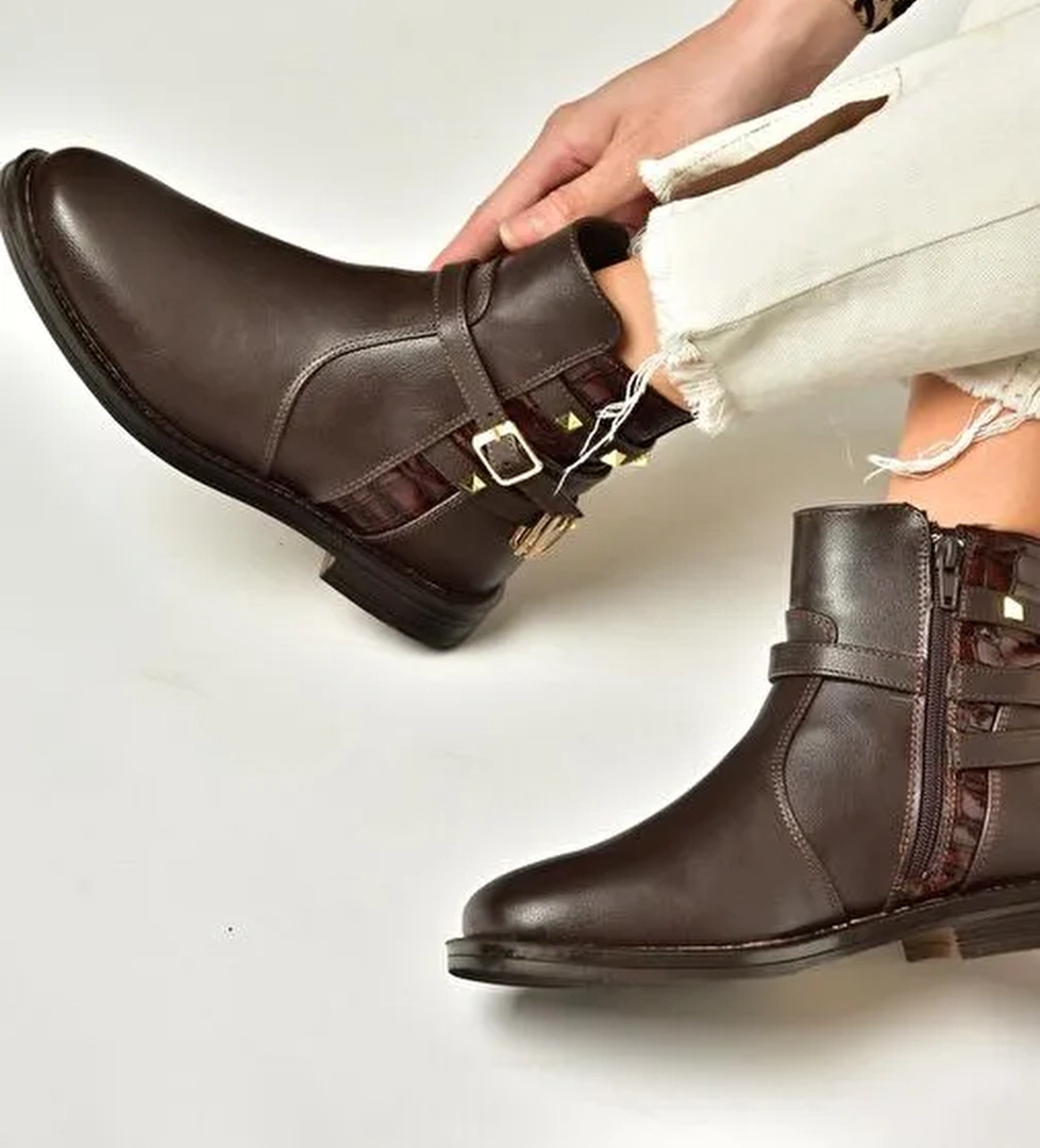 T312124709 Kahverengi Alçak Topuklu Kadın Bot - Görsel 1