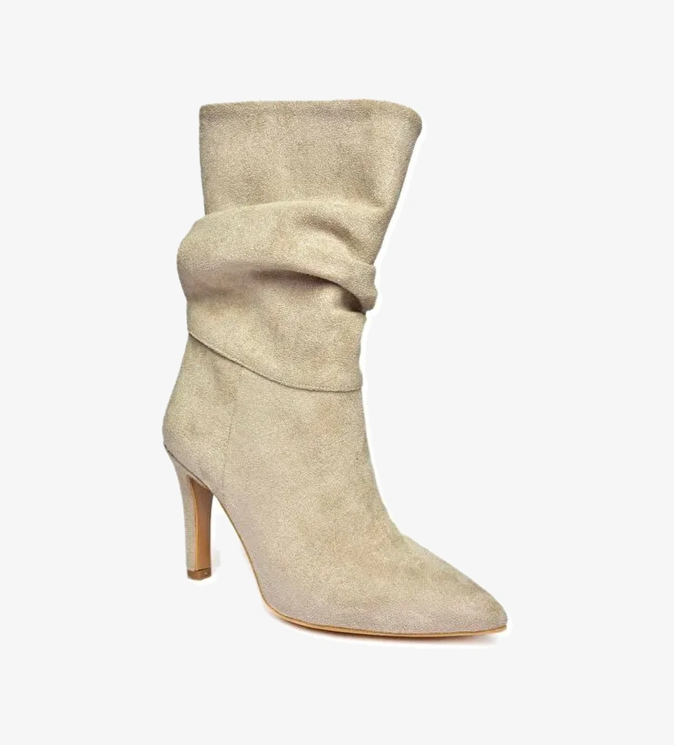 R404020302 Bej Süet İnce Topuklu Büzgülü Kadın Bot - Görsel 1