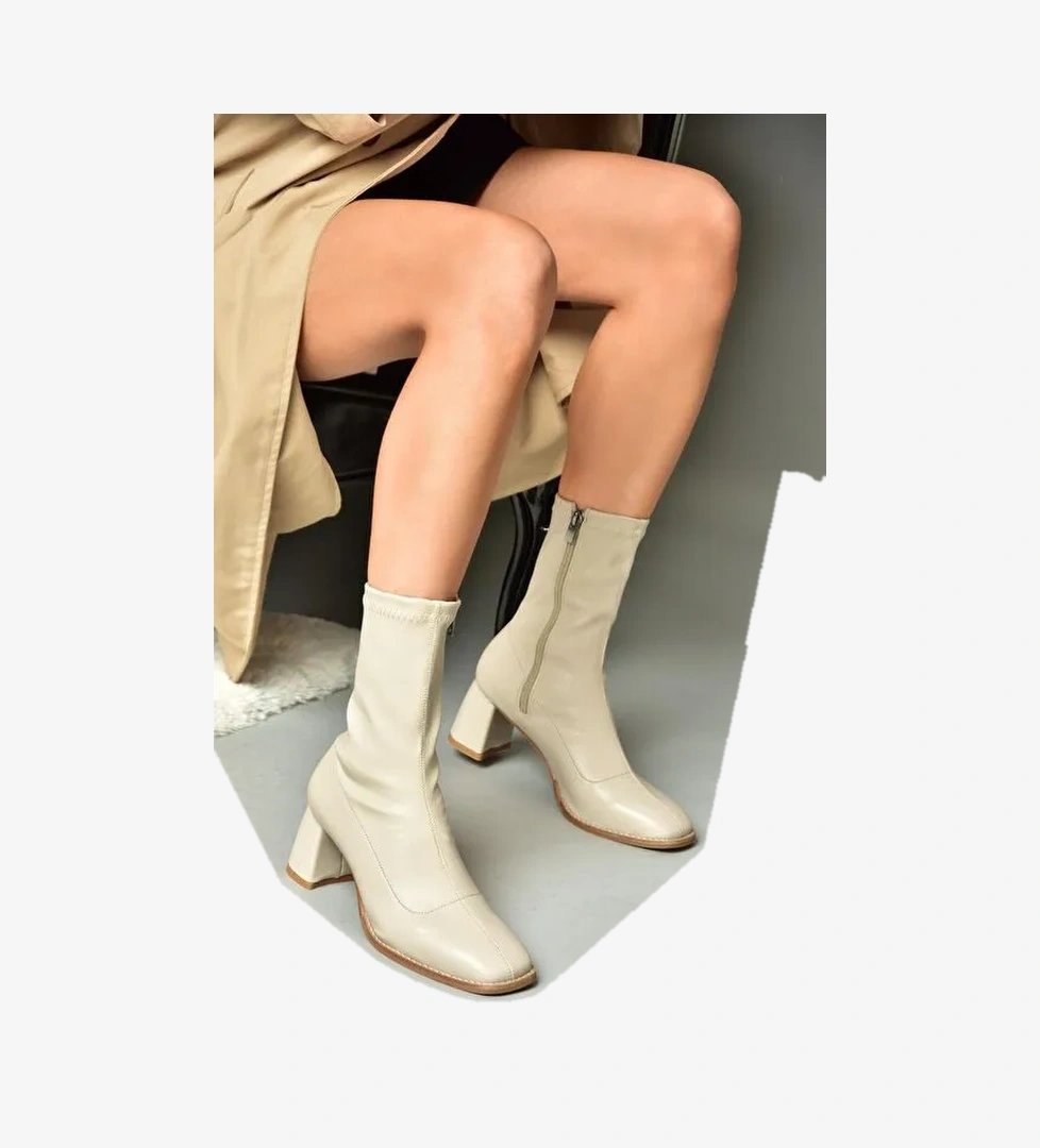 R404200109 Bej Streç Kalın Topuklu Kadın Bot - Görsel 1