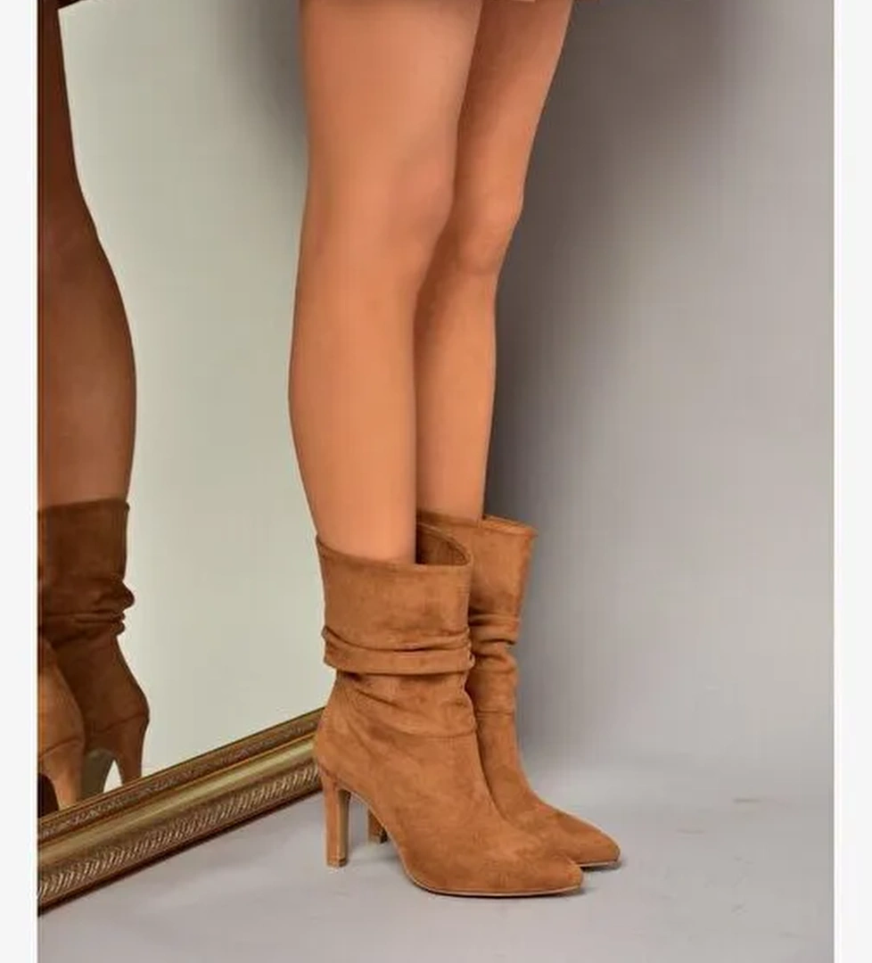 R404020302 Taba Süet İnce Topuklu Büzgülü Kadın Bot - Görsel 1