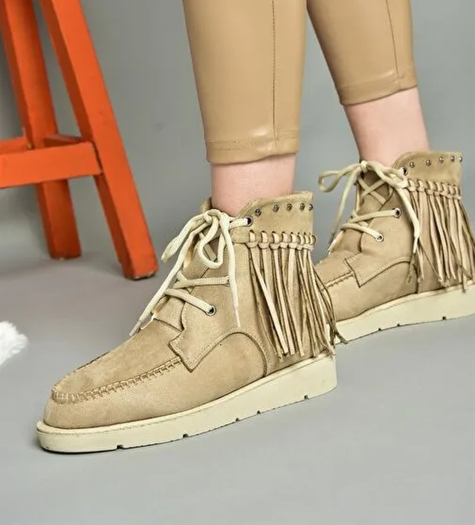 R973530502 Bej Süet Püsküllü Kadın Bot - Görsel 1