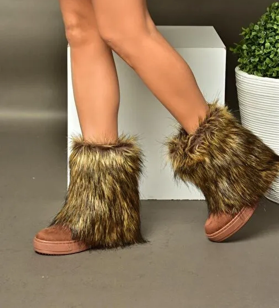 R602043002 Taba Süet Dolgu Topuklu Tüylü Kadın Bot - Görsel 1