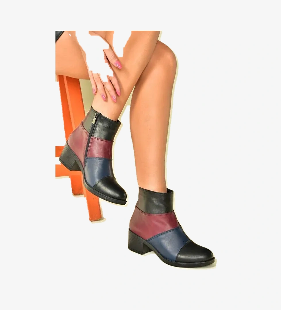 Lacivert/Bordo Hakiki Deri Alçak Topuklu Kadın Bot N555703003 - Görsel 1