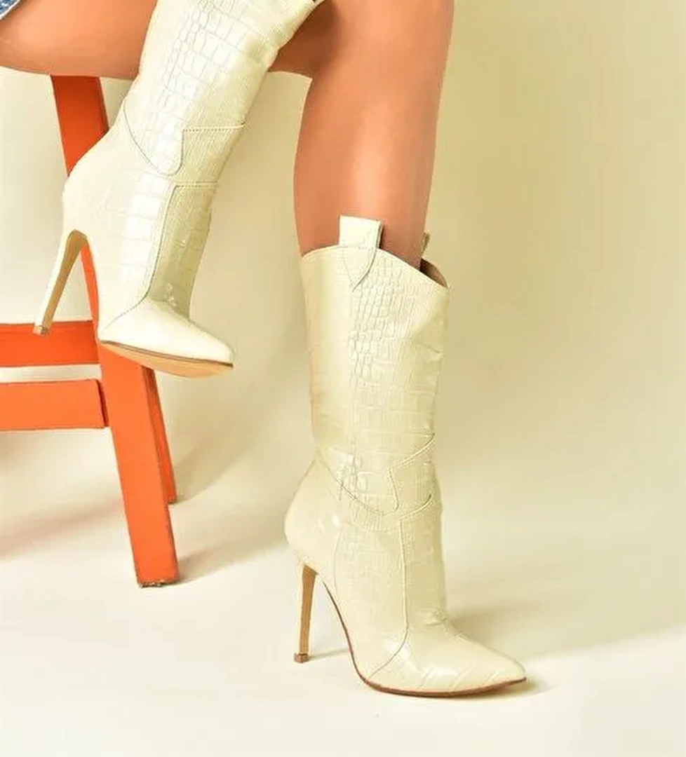Bej Kroko Baskı Yüksek İnce Topuklu Kadın Bot N372677511 - Görsel 1