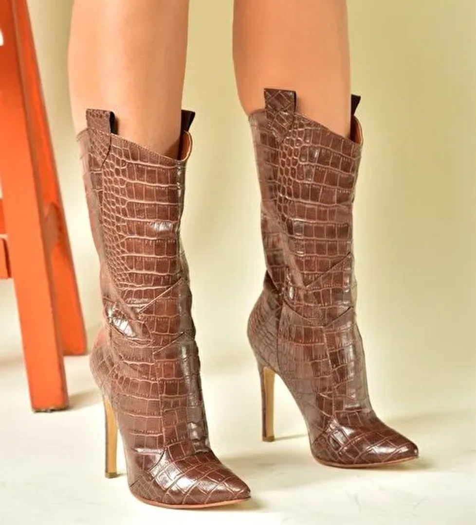 Taba Kroko Baskı Yüksek İnce Topuklu Kadın Bot N372677511 - Görsel 1