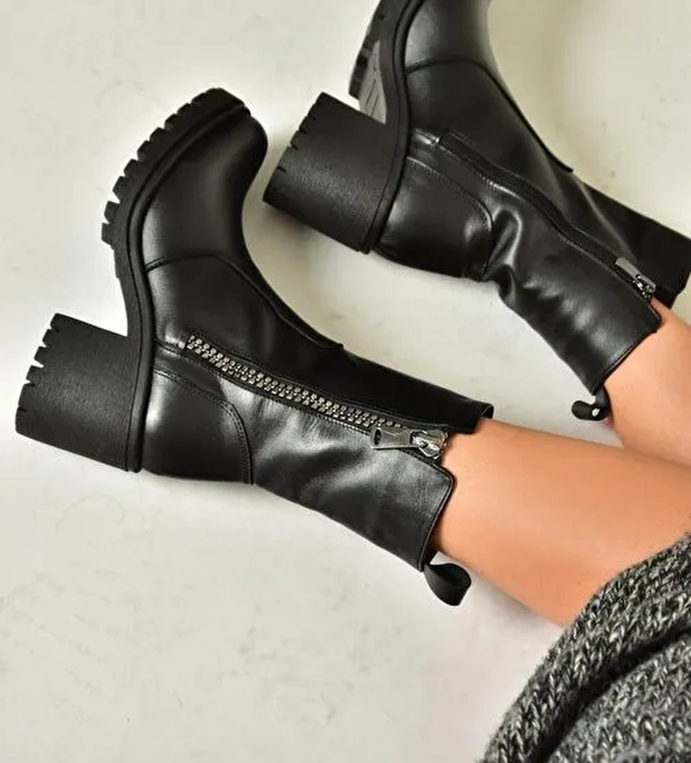 T654095803 Siyah Hakiki Deri Kalın Topuklu Kadın Bot - Görsel 1