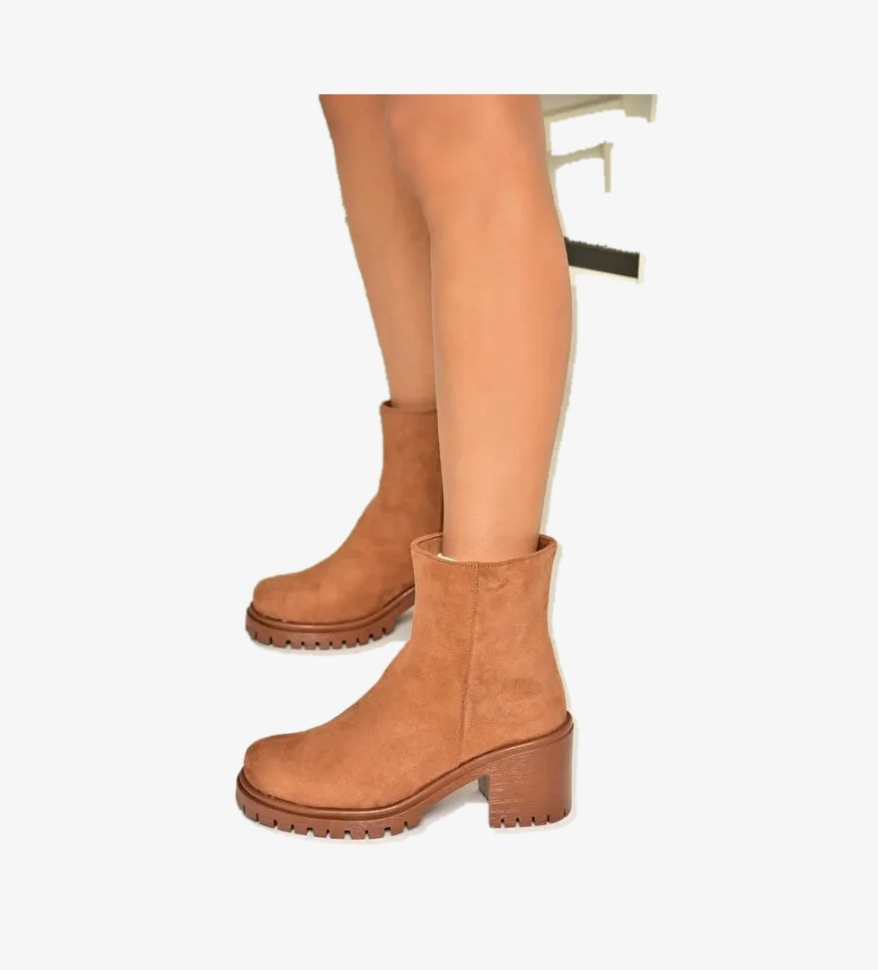 T726911102 Taba Süet Kalın Topuklu Kadın Bot - Görsel 1