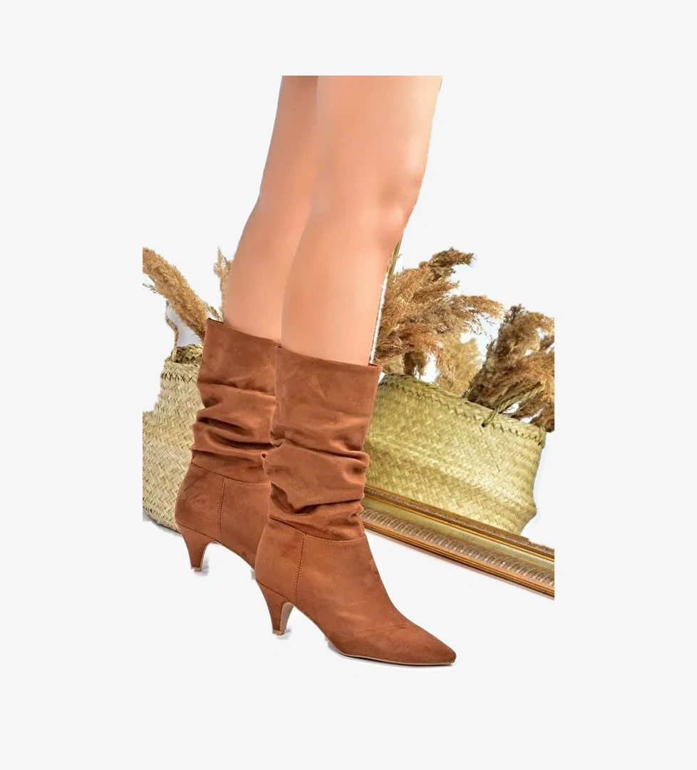 Taba Süet Kısa Topuklu Büzgülü Kadın Bot L404810602 - Görsel 1