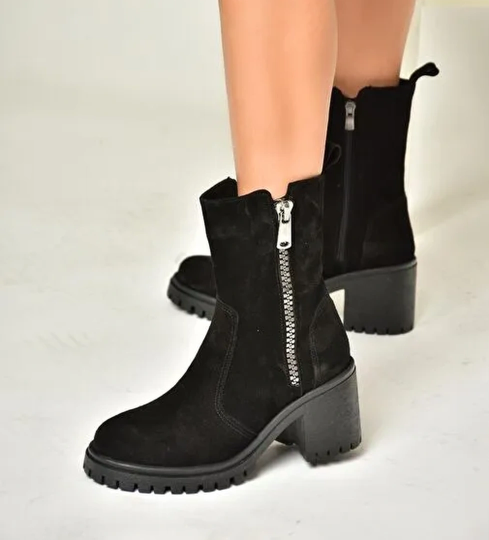 T654095802 Siyah Hakiki Süet Kalın Topuklu Kadın Bot - Görsel 1