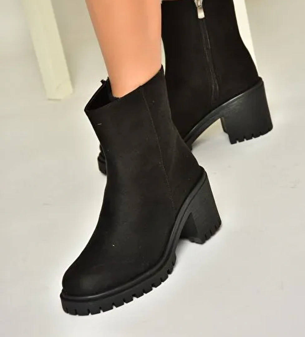 T726911102 Siyah Süet Kalın Topuklu Kadın Bot - Görsel 1