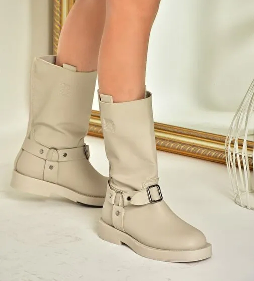 T973530309 Bej Alçak Topuklu Kadın Bot - Görsel 1