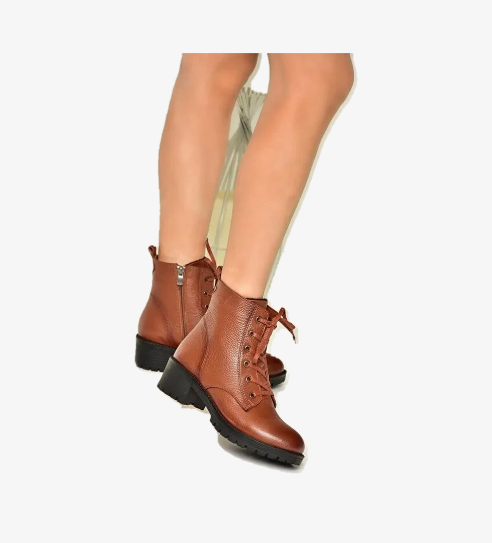 R555054103 Taba Hakiki Deri Alçak Topuklu Kadın Bot - Görsel 1