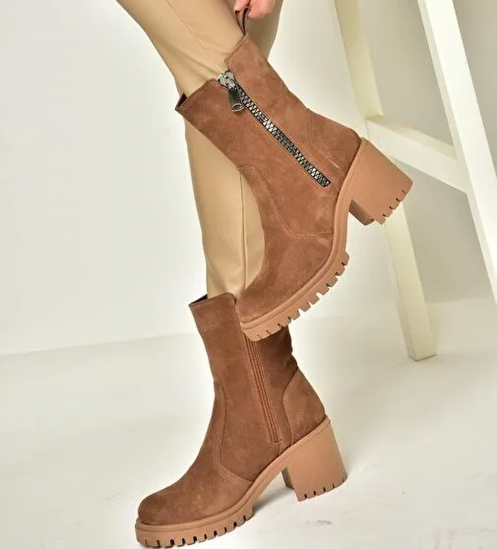 T654095802 Taba Hakiki Süet Kalın Topuklu Kadın Bot - Görsel 1