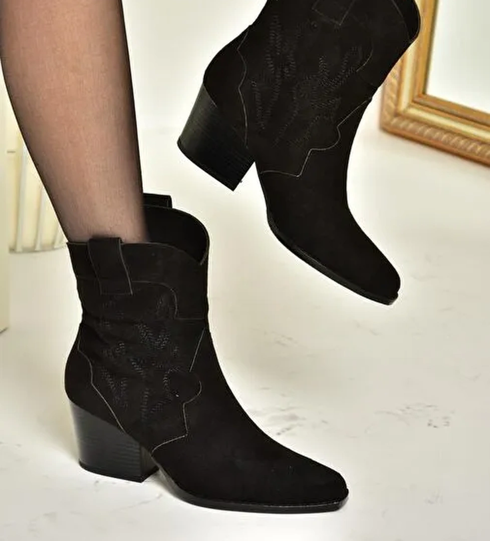 T296112002 Siyah Süet Kalın Topuklu Kadın Bot - Görsel 1