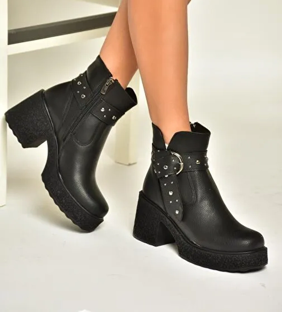 T996227809 Siyah Kalın Topuklu Kadın Bot - Görsel 1