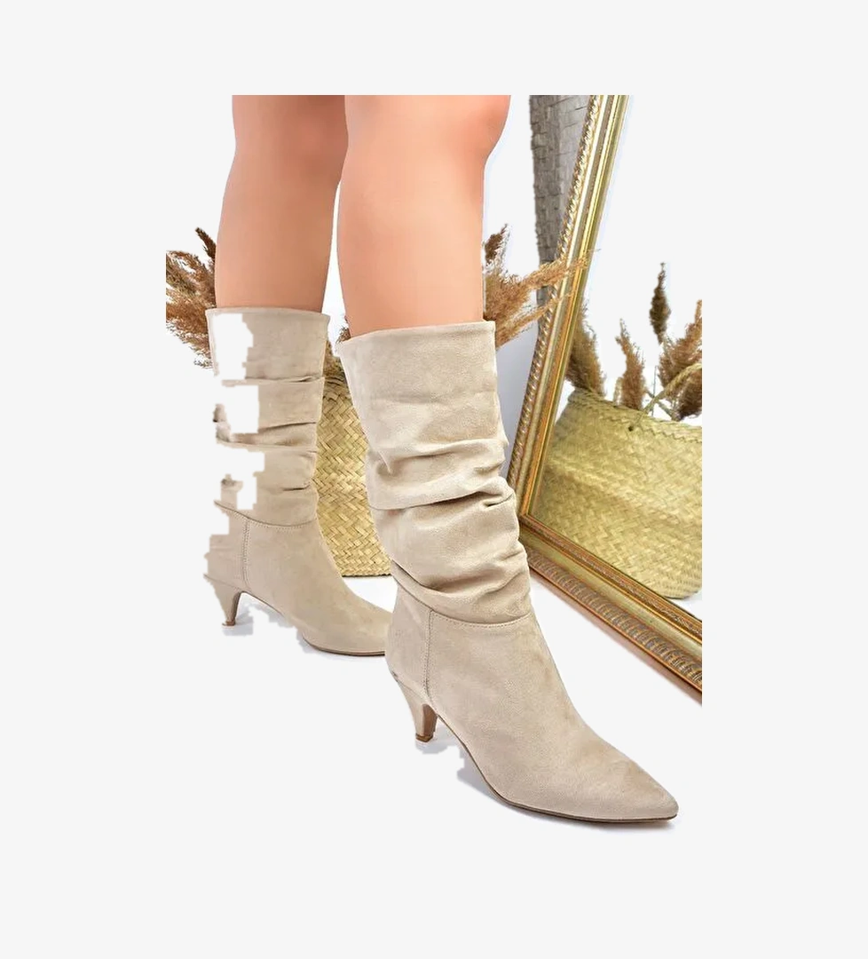 Ten Süet Kısa Topuklu Büzgülü Kadın Bot L404810602 - Görsel 1