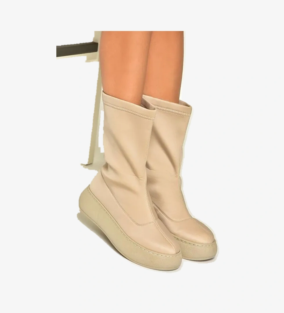 T811230904 Bej Kumaş Kalın Tabanlı Kadın Bot - Görsel 1