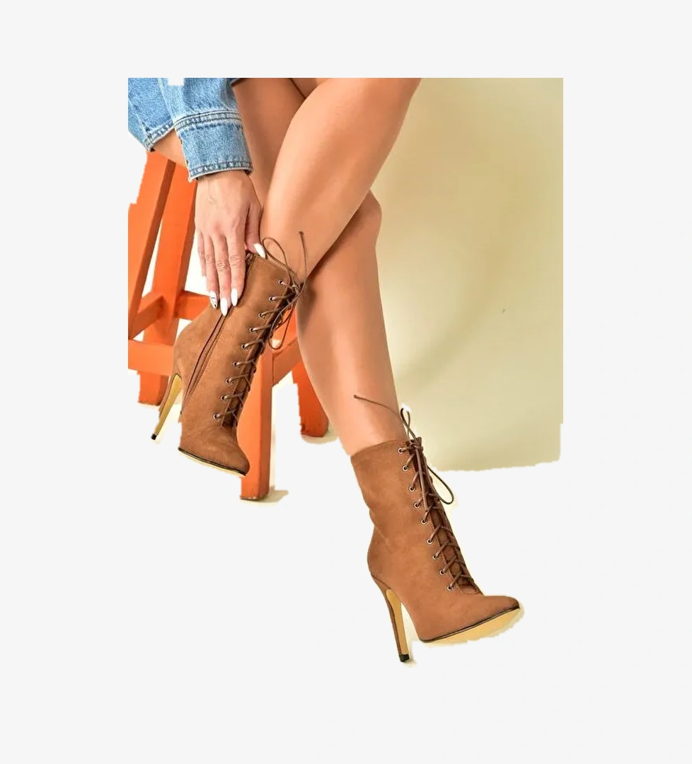 Taba Süet İnce Yüksek Topuklu Kadın Bot L372493502 - Görsel 1