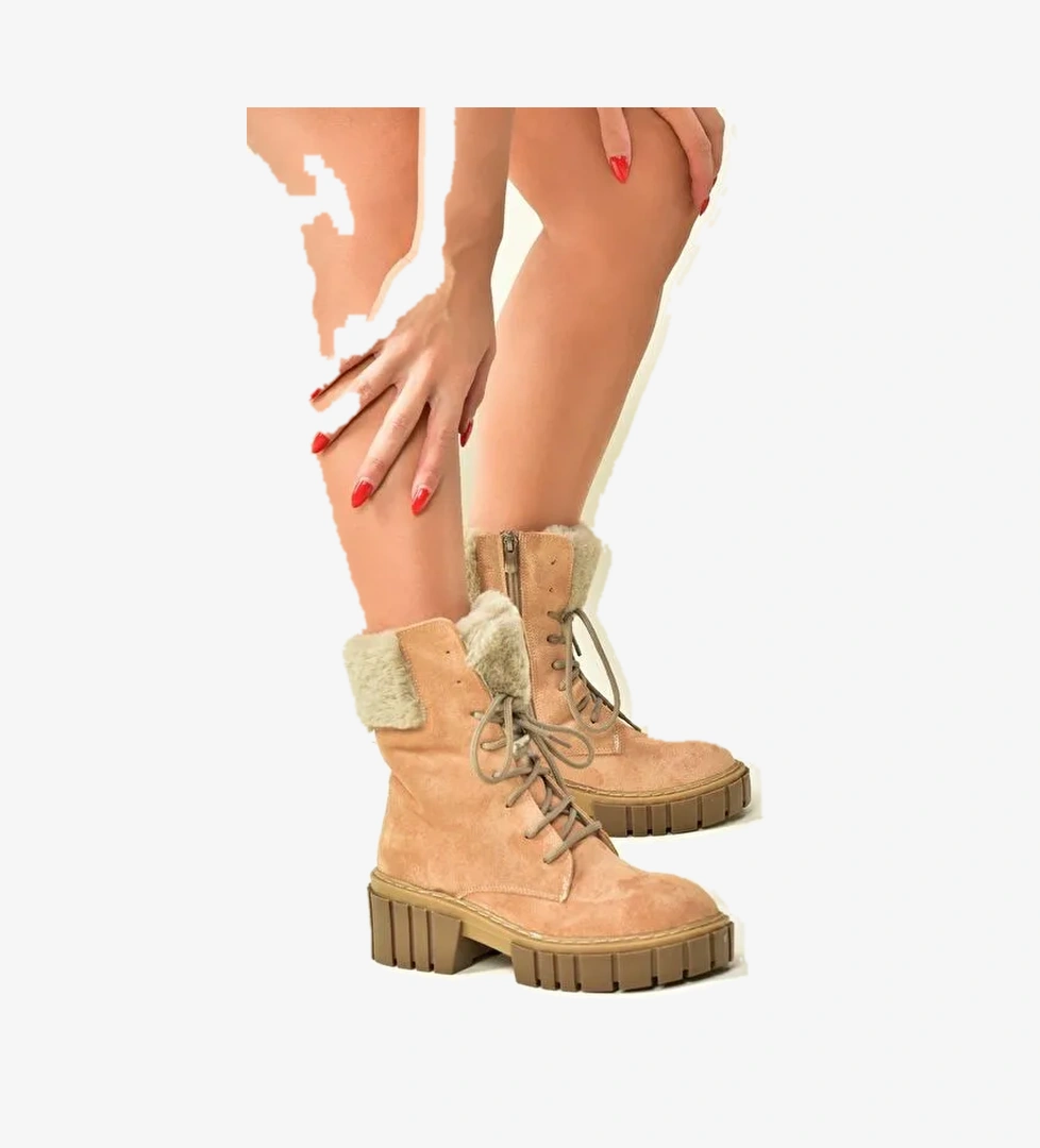 Camel Süet Kalın Taban Kadın Kürklü Bot N820171002 - Görsel 1