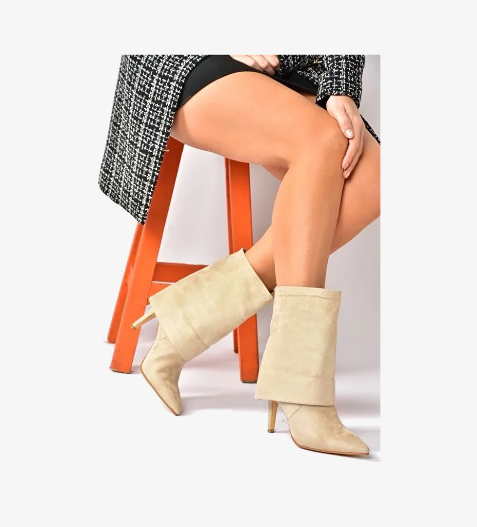 Bej Süet İnce Topuklu Günlük Kadın Bot N572560902 - Görsel 1