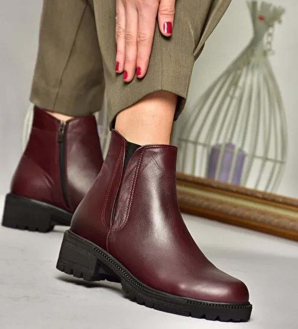 J654011903 Bordo Hakiki Deri Kadın Bot - Görsel 1