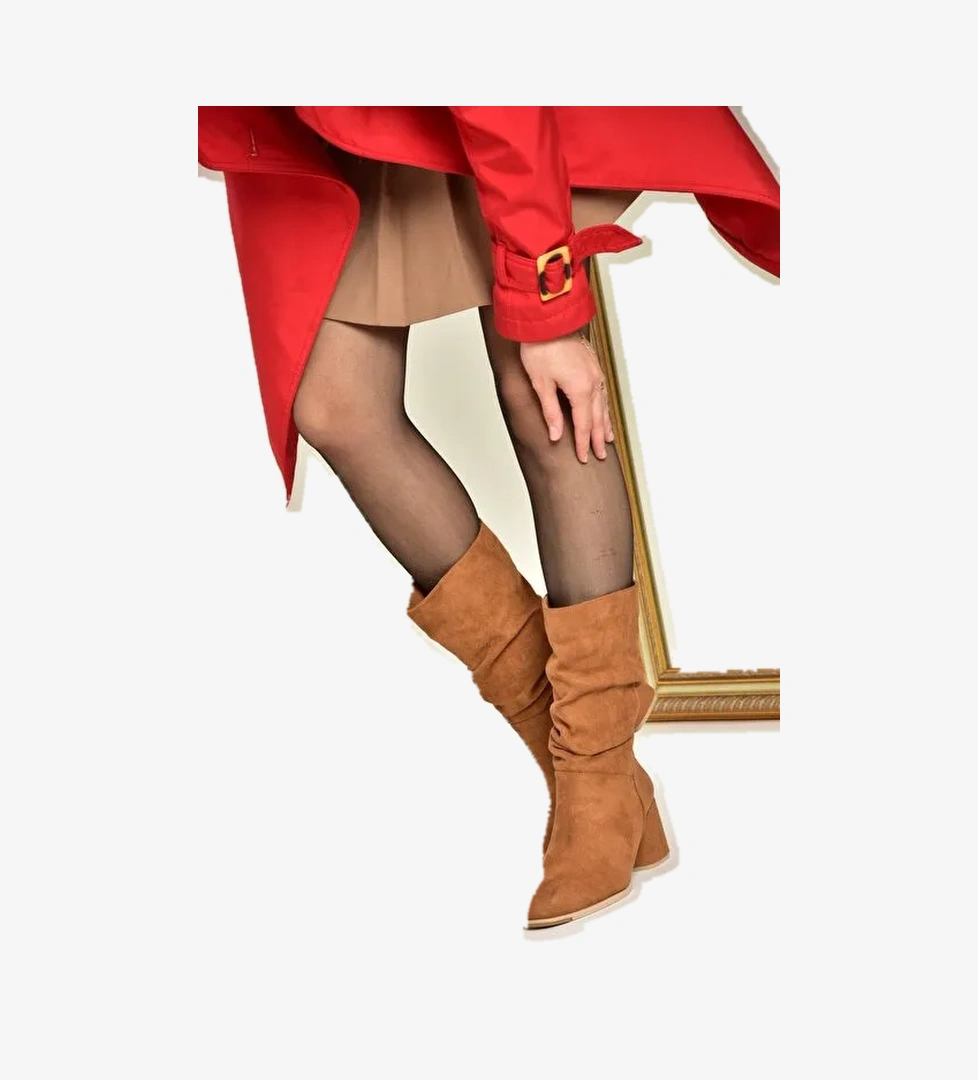 T848243002 Taba Süet Kalın Topuklu Kadın Bot - Görsel 1