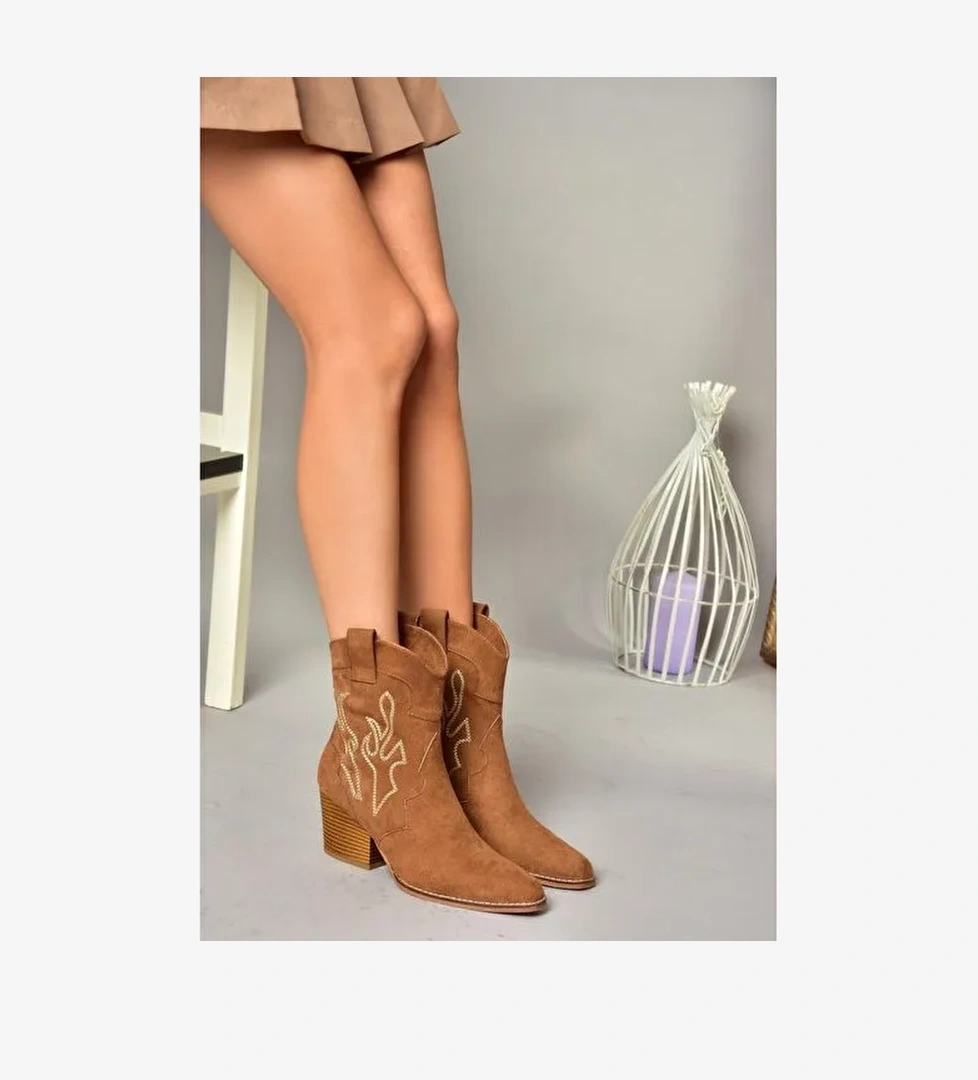 T296112002 Taba Süet Kalın Topuklu Kadın Bot - Görsel 1