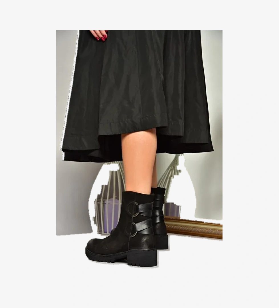 T654047101 Siyah Hakiki Deri Nubuk Kadın Bot - Görsel 1