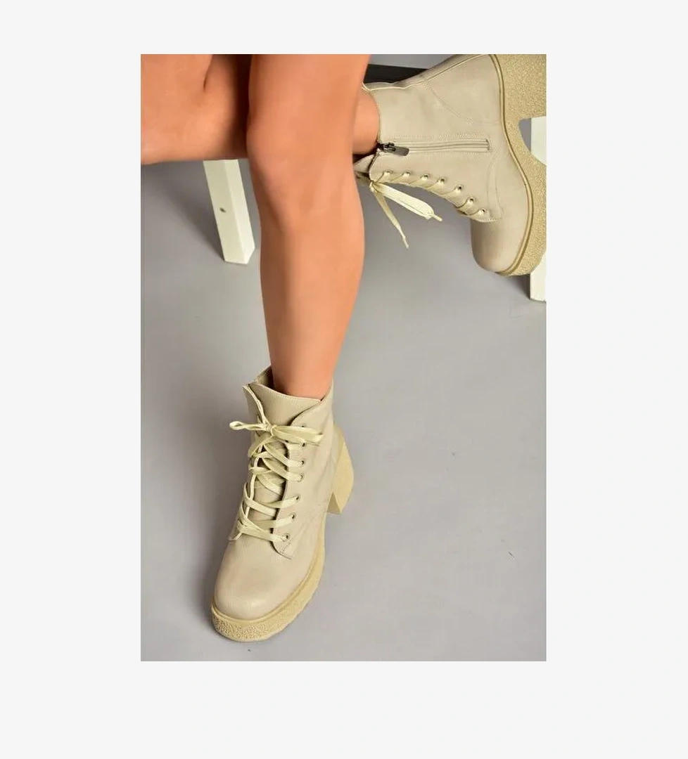 T996533009 Bej Kalın Topuklu Kadın Bot - Görsel 1