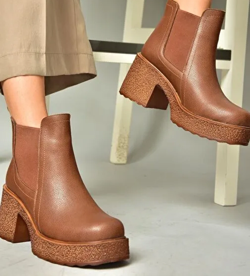 T996220009 Taba Kalın Topuklu Kadın Bot - Görsel 1