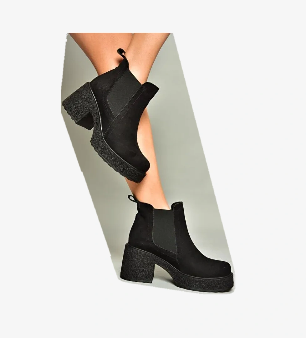 T996220002 Siyah Süet Kalın Topuklu Kadın Bot - Görsel 1