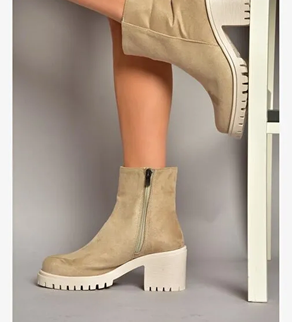 T726911102 Bej Süet Kalın Topuklu Kadın Bot - Görsel 1
