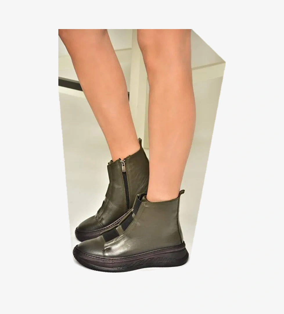 T555130103 Haki Hakiki Deri Comfort Ortopedik Taban Kadın Bot - Görsel 1