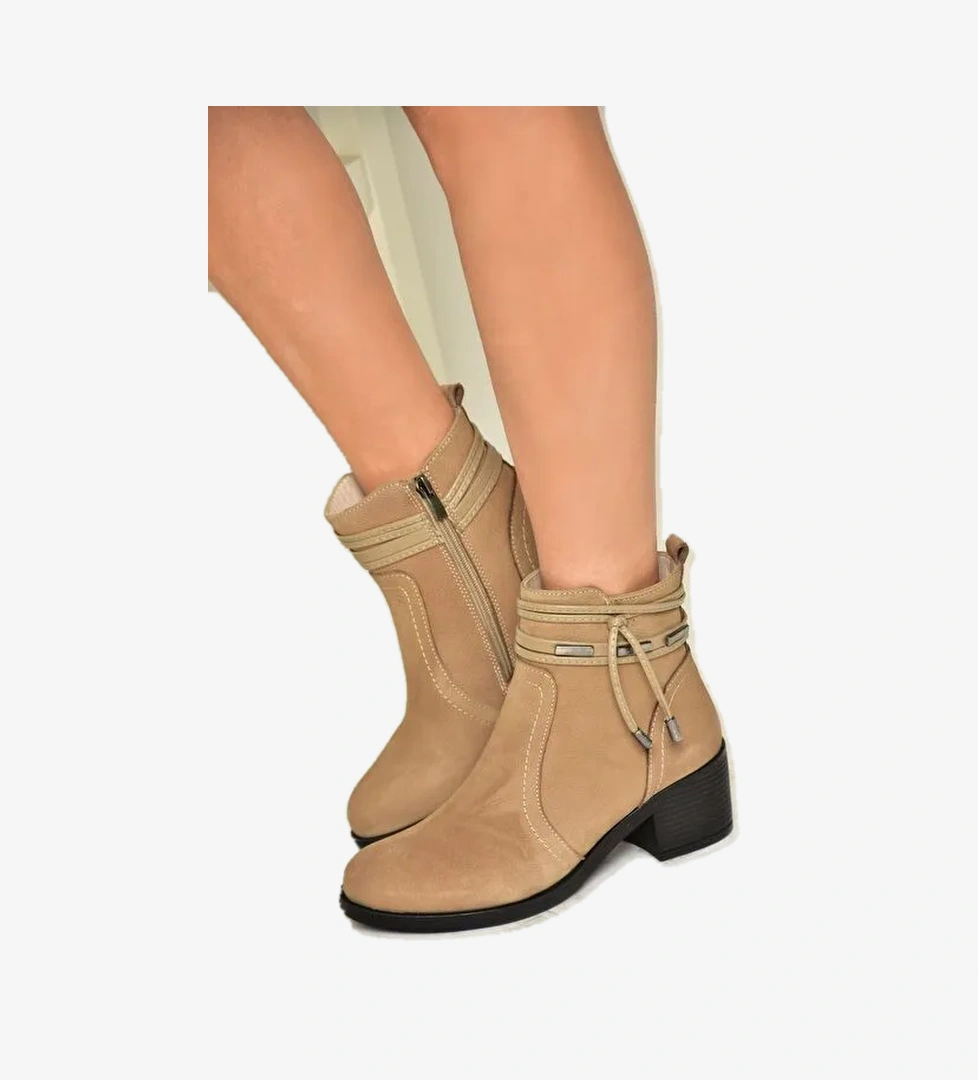 T555703303 Vizon Hakiki Deri Kalın Topuklu Kadın Bot - Görsel 1