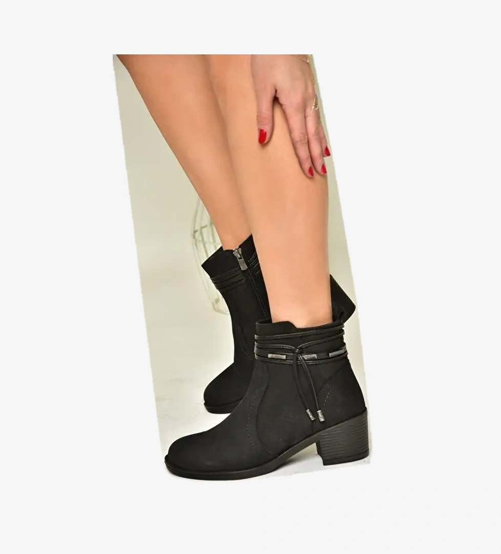 T555703303 Siyah Hakiki Deri Kalın Topuklu Kadın Bot - Görsel 1