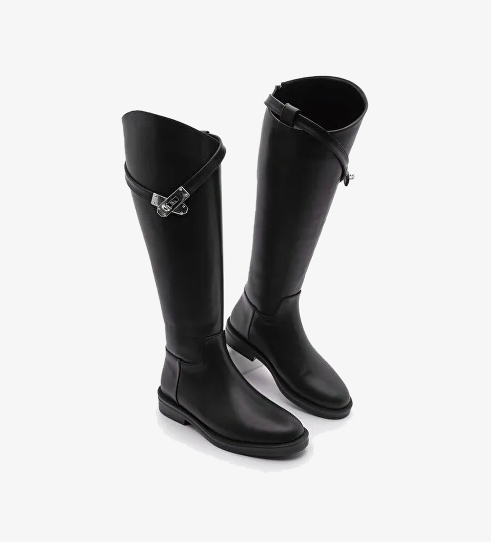 Kadın Arkadan Fermuarlı Gümüş Tokalı Günlük Çizme Mosna Siyah - Görsel 1