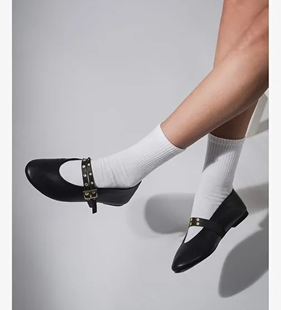 Kadın Çift Bantlı Zımbalı Günlük Babet Bekosa Siyah - Görsel 1