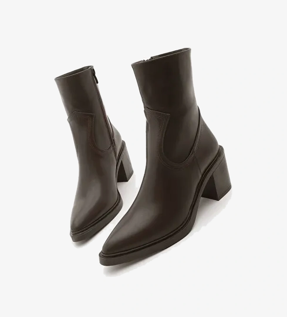 Kadın Dikiş Detaylı Yandan Fermuarlı Topuklu Bot Fortap Kahve - Görsel 1