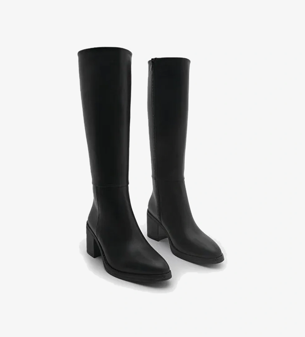 Kadın Kalın Topuklu Dizaltı Topuklu Çizme Aktone Siyah - Görsel 1